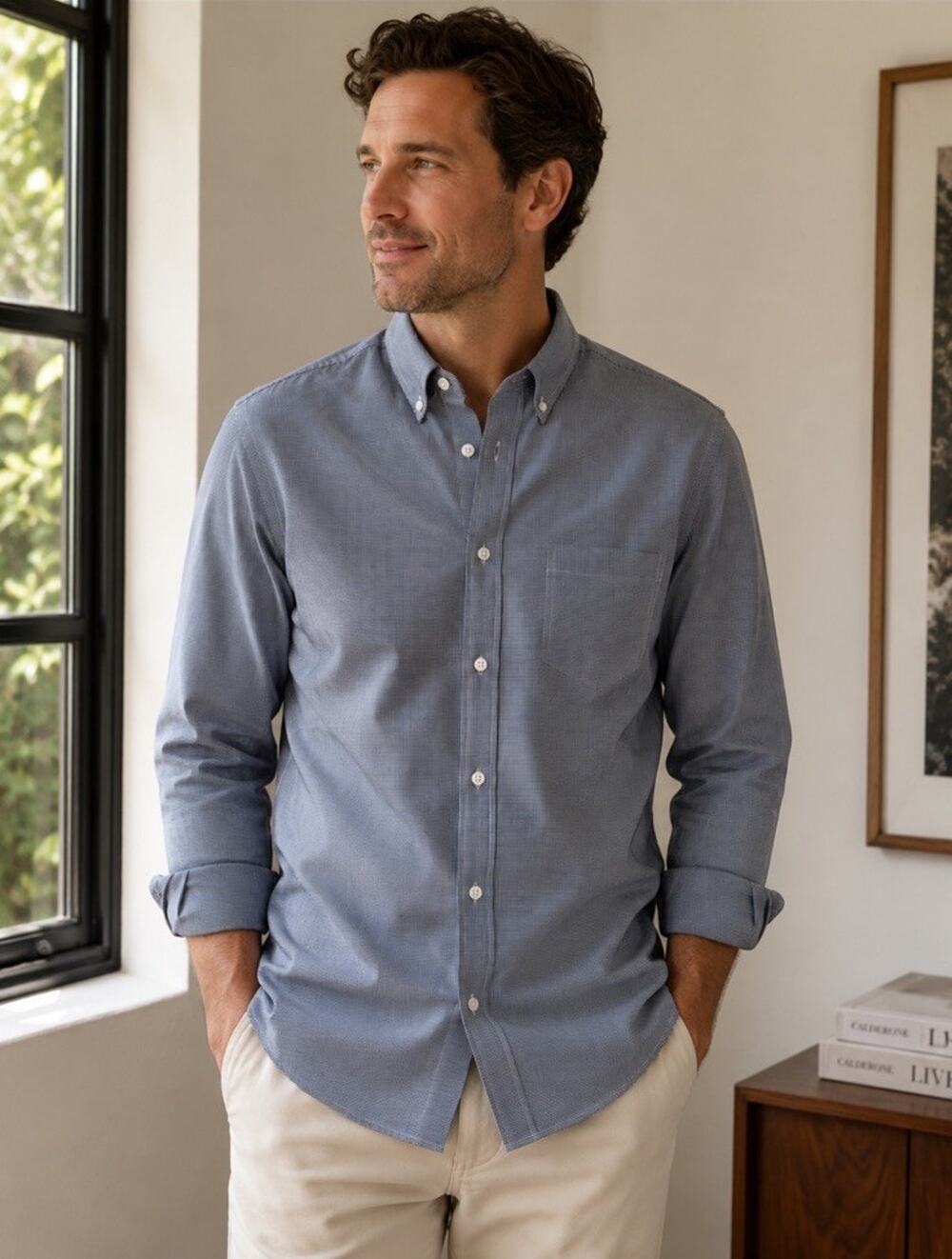 J.Crew Long Sleeve Button Up Men’s Shirt Sz L Navy White Check Preppy Causal EUC
